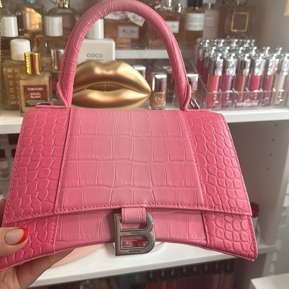 BALENCIAGA HOURGLASS CROCODILE EMBOSSED PINK HANDBAG - Picture 3 of 9
